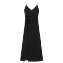 Boutique Ladies' Sleeveless Drawstring Slit Side Ruched Slim Fit Long A-Line Cami Dress in Black