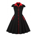 Black Unique Formal Short Sleeve Lapel Collar Button Down Contrasted Midi Pleated Flared Evening Party Dress for Ladies
