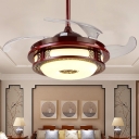 Red Brown Round Ceiling Fan Lamp Traditional Metal LED Study Room Semi Flush Light, Wall/Remote Control/Frequency Conversion