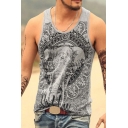 Vintage Elephant Letter Printed Sleeveless Loose Relaxed Tank Top for Men