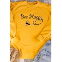 Funny Letter BEE HAPPY Printed Long Sleeve Crewneck Relaxed Fit Graphic Sweatshirt