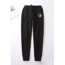 Cute Girls' Drawstring Waist Bear Embroidered Cuffed Tapered Fit Sweatpants