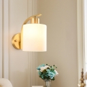Frosted White Glass Cylinder Wall Lamp Modernism 1 Head Brass Sconce Light Fixture