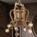 Rope Wood Pendant Chandelier 6 Lights Exposed Bulb Industrial Style Hanging Ceiling Light