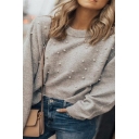 Women's Casual Cozy Long Sleeve Crew Neck Pearl Embellished Knitted Loose Fit Pullover Sweater Top in Grey