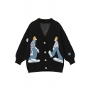 Funny Cartoon Character Printed Long Sleeve Button Down V-Neck Loose Knit Cardigan