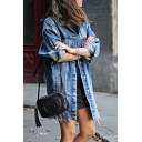 Blue Cool Long Sleeve Lapel Neck Flap Pockets Distressed Button Down Frayed Trim Loose Fit Midi Denim Jacket for Girls