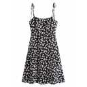 Black Summer Cute Sleeveless Bow Tie Strap Floral Printed Zip Back Pleated A-Line Dress for Girls