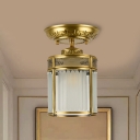 Cylindrical Milky Glass Ceiling Lighting Traditional 1 Bulb Porch Semi Flush Mount Ceiling Light in Brass