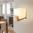 Milky Glass Square Sconce Contemporary 1 Head Wood Wall Mount Light Fixture for Dining Room
