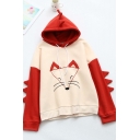 Cute Cartoon Embroidered Fox Print Color Block Long Sleeve Beige Loose Drawstring Hoodie
