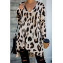 Women's Fashion Long Sleeve V-Neck Leopard Print Baggy Midi Pullover Sweater-Knit Dress in Khaki