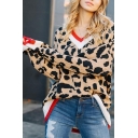 Cool Street Girls' Long Sleeve V-Neck Leopard Printed Contrasted Oversize Pullover Sweater-Knit Top in Brown