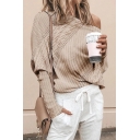Fancy Plain Cool Long Sleeve One Shoulder Cable-Knit Loose Fit Pullover Sweater Top for Women