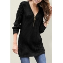 Basic Plain Long Sleeve Deep V-Neck Zipper Front Waffle Knit Fitted Straight Midi Pullover Sweater Dress for Women