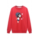 Female Cute Fashion Long Sleeve Crew Neck Girl Patterned Loose Fit Pullover Sweatshirt