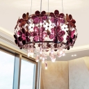 Flower Flush Light Contemporary Acrylic 5 Heads Purple/White Ceiling Mounted Fixture with Round Crystal Drop