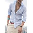 Mens Casual Solid Color Long Sleeve Turndown Collar Slim Fit Linen Thin Shirt