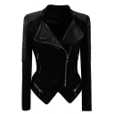 Cool Street Ladies' Long Sleeve Lapel Neck Zip Decoration Leather Patched Asymmetric Slim Fit Jacket in Black