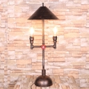 Conical Bedroom Desk Light Vintage Metal 2 Lights Antique Bronze Table Lamp with Pipe Design