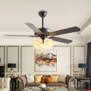 Frosted Glass Black Ceiling Fan Flower 5 Bulbs Retro Semi Flush Mount Chandelier for Living Room