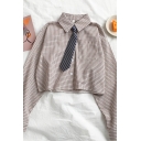 Womens Trendy Long Sleeve Lapel Collar Button Down Plaid Pattern Loose Fit Crop Shirt with Stripe Tie