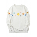 Unisex Chic Universe Planet Printed Long Sleeves Round Neck Oversized Sweatshirt