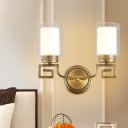 2 Bulbs Cylinder Wall Lamp Modernism Stylish Clear and White Glass Wall Light Fixture in Brass for Hallway