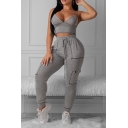 Ladies Sexy Plain Gray V-Neck Cami Top Contrast Stitching Drawstring Waist Pants Co-ords