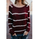 Girls' Long Sleeve Round Neck Stripe Print Hollow Knit Relaxed Fit Pullover Sweater Top in Red