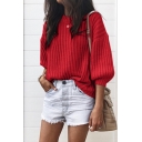 Fashion Street Women's Balloon Sleeve Crew Neck Chunky Knit Baggy Plain Pullover Sweater Top