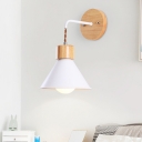 Nordic Style Cone Wall Lighting Metal and Wood 1 Light Bedroom Wall Sconce Fixture in Blue/Pink/White