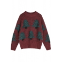 Simple Christmas Tree Print Long Sleeve Round Neck Oversized Pullover Knit Sweater