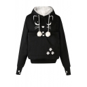 Girls' Cute Kawaii Long Sleeve Pompom Drawstring Kitty Cat Paw Print Large Pocket Baggy Cat Ear Hoodie