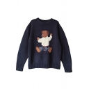 Navy Classic Long Sleeve Crew Neck Bear Embroidered Chunky Knit Baggy Pullover Sweater for Girls