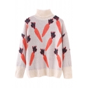 Stylish Girls' Long Sleeve Turtleneck Carrot Patterned Knit Baggy Pullover Sweater
