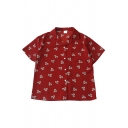 Red Fashion Short Sleeve Notch Collar Button Down Leaves Print Relaxed Shirt for Girls