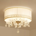 Contemporary Candelabra Ceiling Lamp Crystal Drop 5 Heads Bedroom Flush Mount in White with Round Fabric Shade