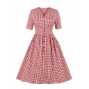 Chic Girls' Red Short Sleeve V-Neck Button Down Plaid Pattern Pleated Mid Flared Dress