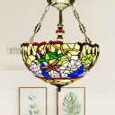 Mediterranean Dragonfly Semi Flush Mount 5 Lights Stained Glass Ceiling Light Fixture in Brass