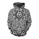 Newest Unique Datura Digital Printing Long Sleeves Black and White Pullover Hoodie