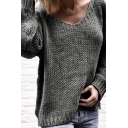 Casual Warm Long Sleeve V-Neck Plain Chunky Knit Oversize Pullover Sweater Top for Girls