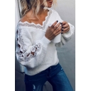Pretty Chic Girls' Dolman Sleeve V-Neck Lace Trim Patched Eyelash Knit Plain Loose Pullover Sweater Top