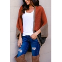 Ladies' Slouchy Unique Three-Quarter Sleeve Contrasted Baggy Knit Cardigan Cloak in Orange