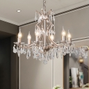 Satin Nickel Droplet Ceiling Chandelier Contemporary 6 Heads Crystal Hanging Pendant Light for Living Room