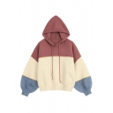 Womens Classic Colorblocked Patchwork Long Sleeve Oversized Drawstring Hoodie