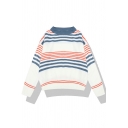 Women's Fashion Long Sleeve Crew Neck Stripe Printed Relaxed Fit Knit Pullover Sweater in White