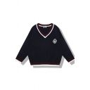 Preppy Looks Long Sleeve V-Neck Badge Pattern Contrast Stitch Oversize Knit Pullover Sweater for Girls
