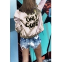 Cool Street Girls' Long Sleeve Stand Collar Zipper Front Letter ONLY QUEEN Crown Print Relaxed Fit Jacket