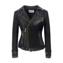 Cool Street Girls' Long Sleeve Notch Collar Zipper Rivet Decoration Buckle Belted Plain Fitted Leather Jacket